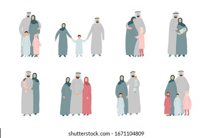 Set of different Muslim families. Arabian parents with kids in traditional islamic clothes. Cartoon vector characters isolated on white background.