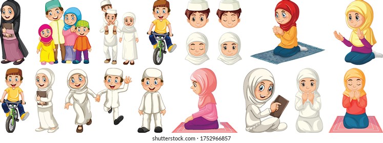 Set of different muslim people cartoon character isolated on white background illustration