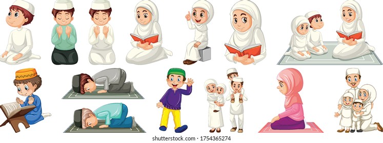 Set of different muslim people cartoon character isolated on white background illustration