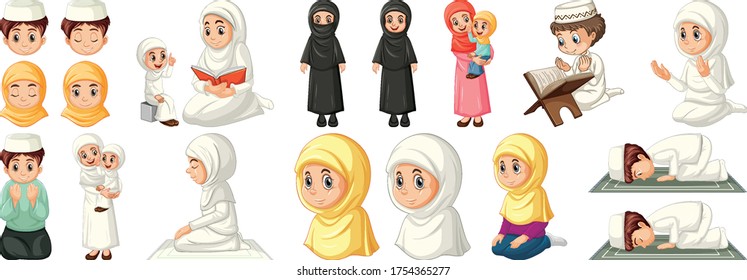 Set of different muslim people cartoon character isolated on white background illustration