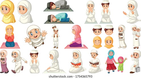 Set of different muslim people cartoon character isolated on white background illustration