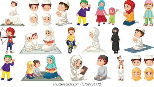 Set of different muslim people cartoon character isolated on white background illustration