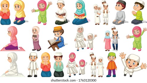 Set of different muslim people cartoon character isolated on white background illustration