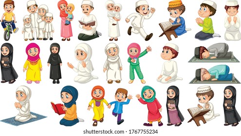 Set of different muslim people cartoon character isolated on white background illustration