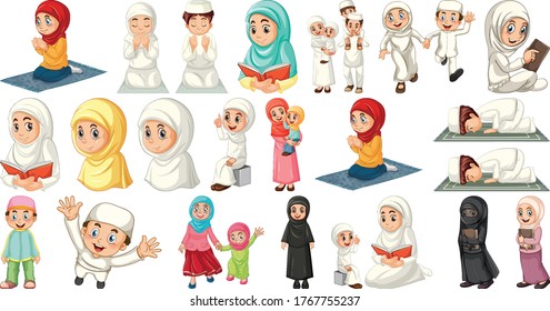 Set of different muslim people cartoon character isolated on white background illustration