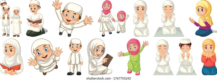 Set of different muslim people cartoon character isolated on white background illustration