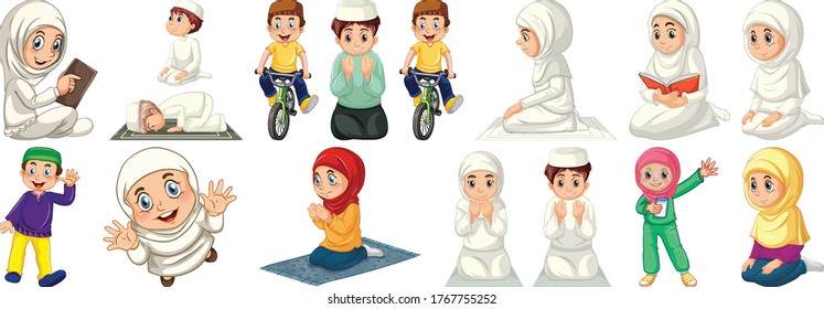 Set of different muslim people cartoon character isolated on white background illustration