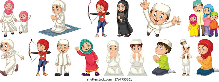 Set of different muslim people cartoon character isolated on white background illustration
