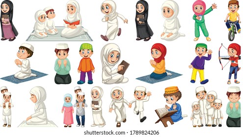 Set of different muslim people cartoon character isolated on white background illustration