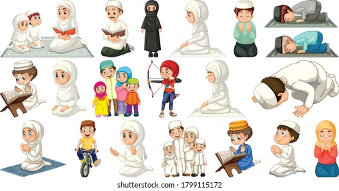 Set of different muslim people cartoon character isolated on white background illustration