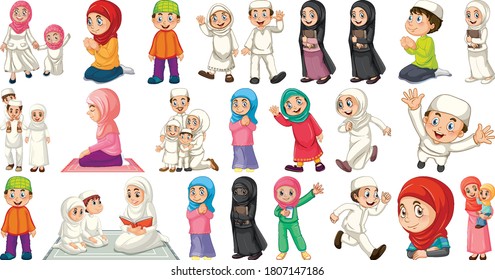 Set of different muslim people cartoon character isolated on white background illustration