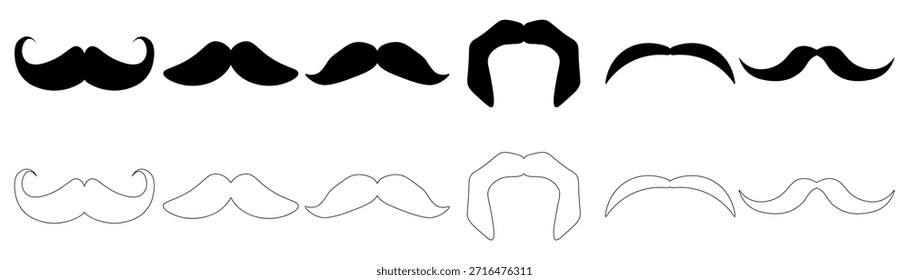 Conjunto de diferentes estilos de bigote en negro sólido y versiones de contorno perfecto para proyectos de diseño retro
