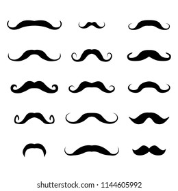 Set of different mustaches, black silhouettes on white background, vector illustration.