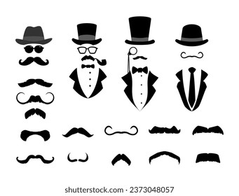 Conjunto de diferentes siluetas negras de bigotes estilo plano, ilustración vectorial aislada en fondo blanco. Colección de elementos decorativos para barberías, caballeros con sombreros y gafas