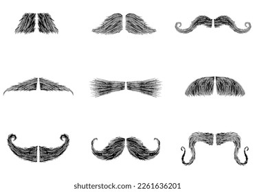 Conjunto de bigotes diferentes con pelo gris. Dibujo a mano libre. Doodle. Mano Cortada. Esquema.	