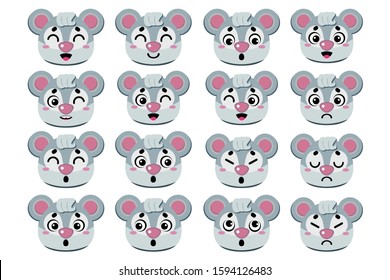 Set Of Different Muzzles Of A Cartoon Mouse (rat). Facial Expressions Of The Face Of A Cute Animal With Different Emotions. The Toy Is A Mouse (rat), A Symbol Of The Chinese And Japanese New 2020.