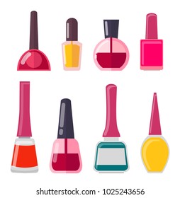 Set of different nail polish bottle vector illustration of red yellow, deep blue and pink liquids in various shape vials isolated on white background