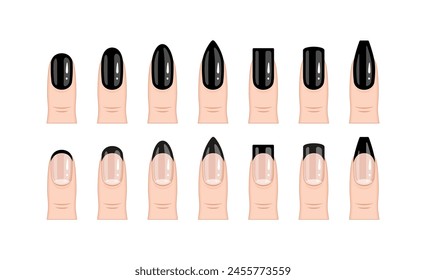 Set of different nail shapes in black. The nails are fully varnished and half coated. French nails-01