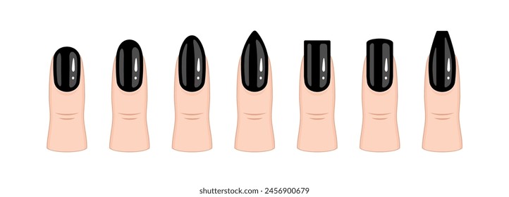 Conjunto de diferentes Formas de uñas en negro. Las uñas están completamente cubiertas de barniz.