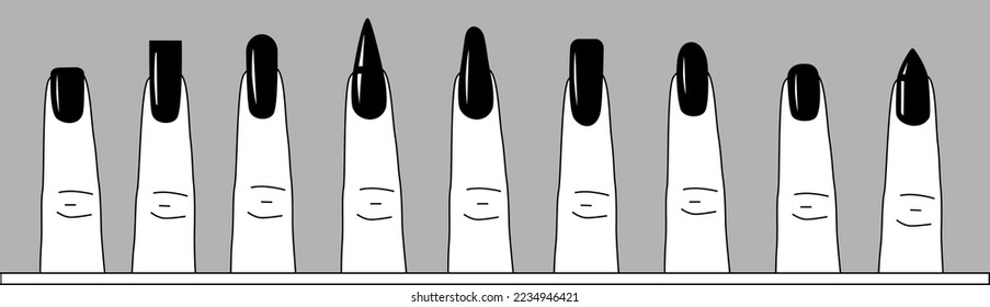 Set of different nails shapes. French manicure. Various skin tones on the fingers. Guide for beauty salons.	
