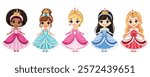 Set of different nationalities cute little princess with beautiful eyes and golden crown. Isolate on white background, Vector illustration in flat drawn cartoon style