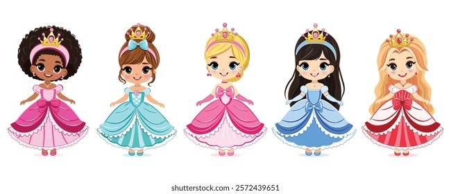 Set of different nationalities cute little princess with beautiful eyes and golden crown. Isolate on white background, Vector illustration in flat drawn cartoon style