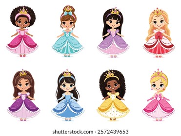 Set of different nationalities cute little princess with beautiful eyes and golden crown. Isolate on white background, Vector illustration in flat drawn cartoon style