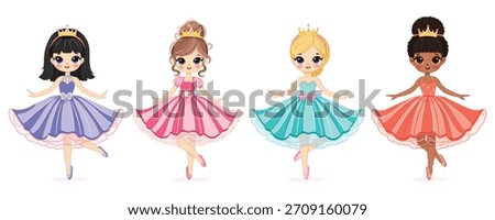 Set of different nationalities cute little princess with beautiful eyes and golden crown. Isolate on white background, Vector illustration in flat drawn cartoon style