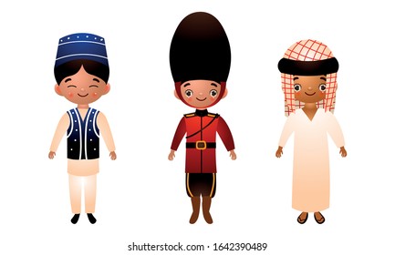 Set of different nationality men wearing traditional ethnic clothing. Vector illustration in flat cartoon style.