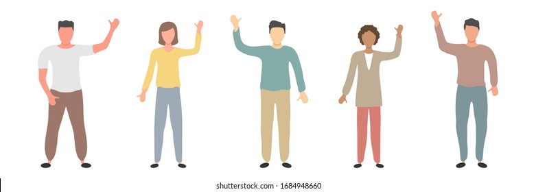 Set of different nationality people greeting gesture. Different nations representatives waving hand. Men, women say hello. Vector flat illustration isolated on white. African, asian and europian human