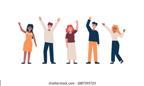 Set of different nationality people greeting gesture, waving hand. Flat vector cartoon illustration.