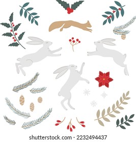 Set of different natural elements for Christmas: rabbit, squirrel, holly, snowflakes, berries, spruce branches and cones. New Year illustration. Flat style vector image.