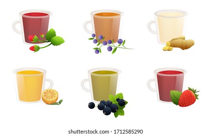 Set of different natural fruit drinks in glasses with wild strawberry, blueberries, lemon, ginger. Vector illustration in flat cartoon style