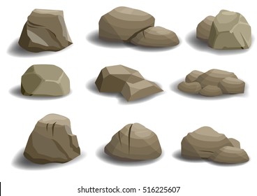 Conjunto de diferentes piedras naturales o rocas sobre un fondo blanco. Gráficos vectoriales