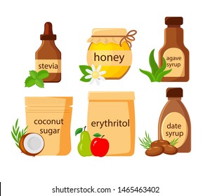 Set of different natural sweeteners stevia, honey, agave syrup, coconut sugar, erythritol, date syrup vector illustration isolated on white background.