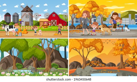 Set of different nature background scenes illustration