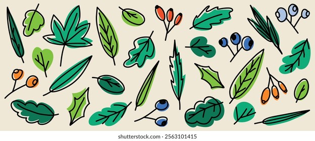 Set of different nature elements. Vector leaves illustrations.