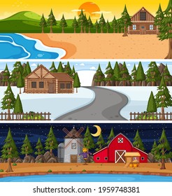 Set of different nature horizontal scenes illustration