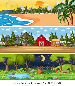 Set of different nature horizontal scenes illustration