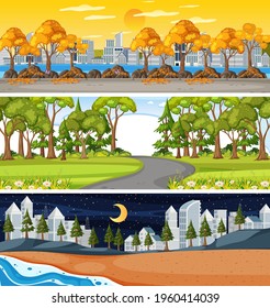 Set of different nature horizontal scenes illustration