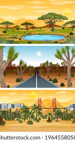 Set of different nature horizontal scenes illustration