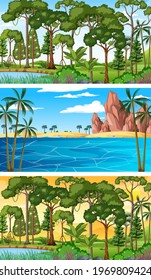Set of different nature horizontal scenes illustration