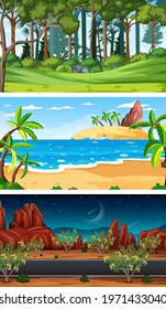 Set of different nature horizontal scenes illustration