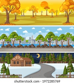 Set of different nature horizontal scenes illustration