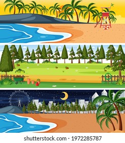 Set of different nature horizontal scenes illustration