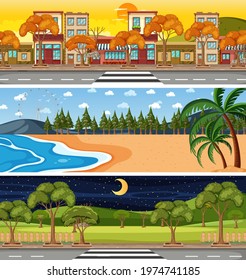 Set of different nature horizontal scenes illustration