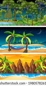 Set of different nature horizontal scenes illustration