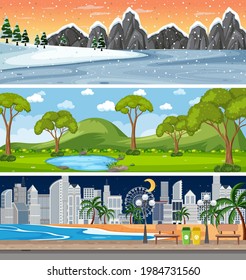 Set of different nature horizontal scenes illustration