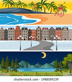 Set of different nature horizontal scenes illustration
