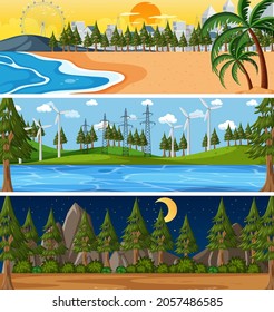 Set of different nature horizontal scenes illustration